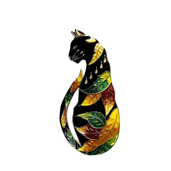 Zarah Time to Leave Cat Brooch Pin Autumn Leaves Sterling Silver Plated Enamel - Picture 1 of 3